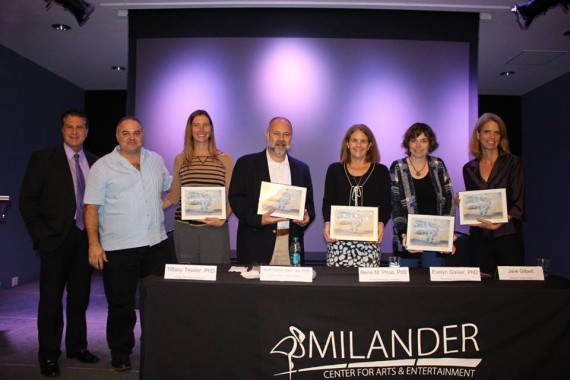 CLIMA Panel Speakers receive recognition from City of Hialeah Major Carlos Hernandez and Xavier Cortada. From left to right Major Hernandez, Cortada, Tiffany Troxler, Juan Carlos Espinosa, Rene Price, Evelyn Gaiser, and Jane Gilbert