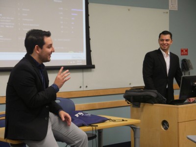 Brazon-Di Fatta and Rivas speak about their public relations firm, On the Rocks, to honors freshman during a PAW open class.