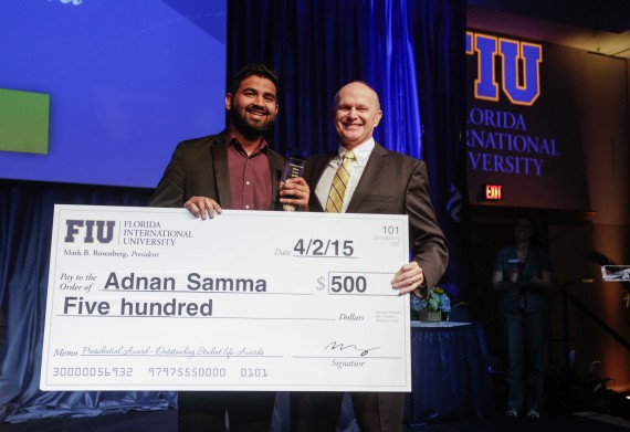 Adnan Samma, senior economics and international relations major, took home the Presidential Award, for his academic and charitable accomplishments around the globe and in Miami.
