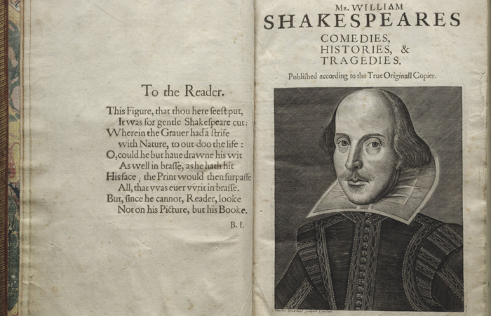 Title page of the First Folio. Photo courtesy of the Folger Shakespeare Library.