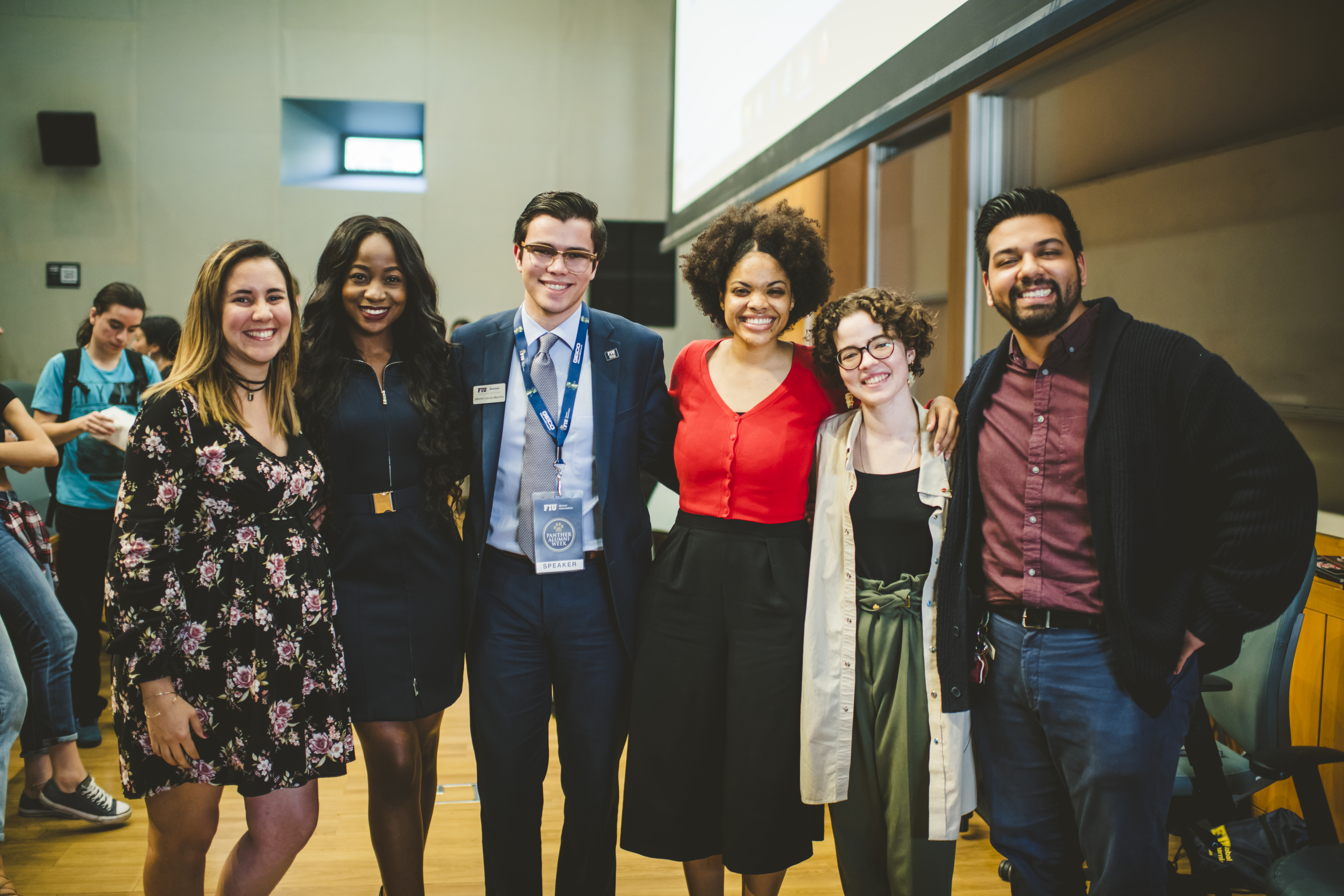 Pictured from left to right: Yeni Simon, Program Manager for Global Learning, Cindy Makita, Alberto Garcia Marrero, Yandra Mariano, Isabella Marie Garcia (all alumni panelists), and Enrique Rosell, Program Coordinator for The Honors College.