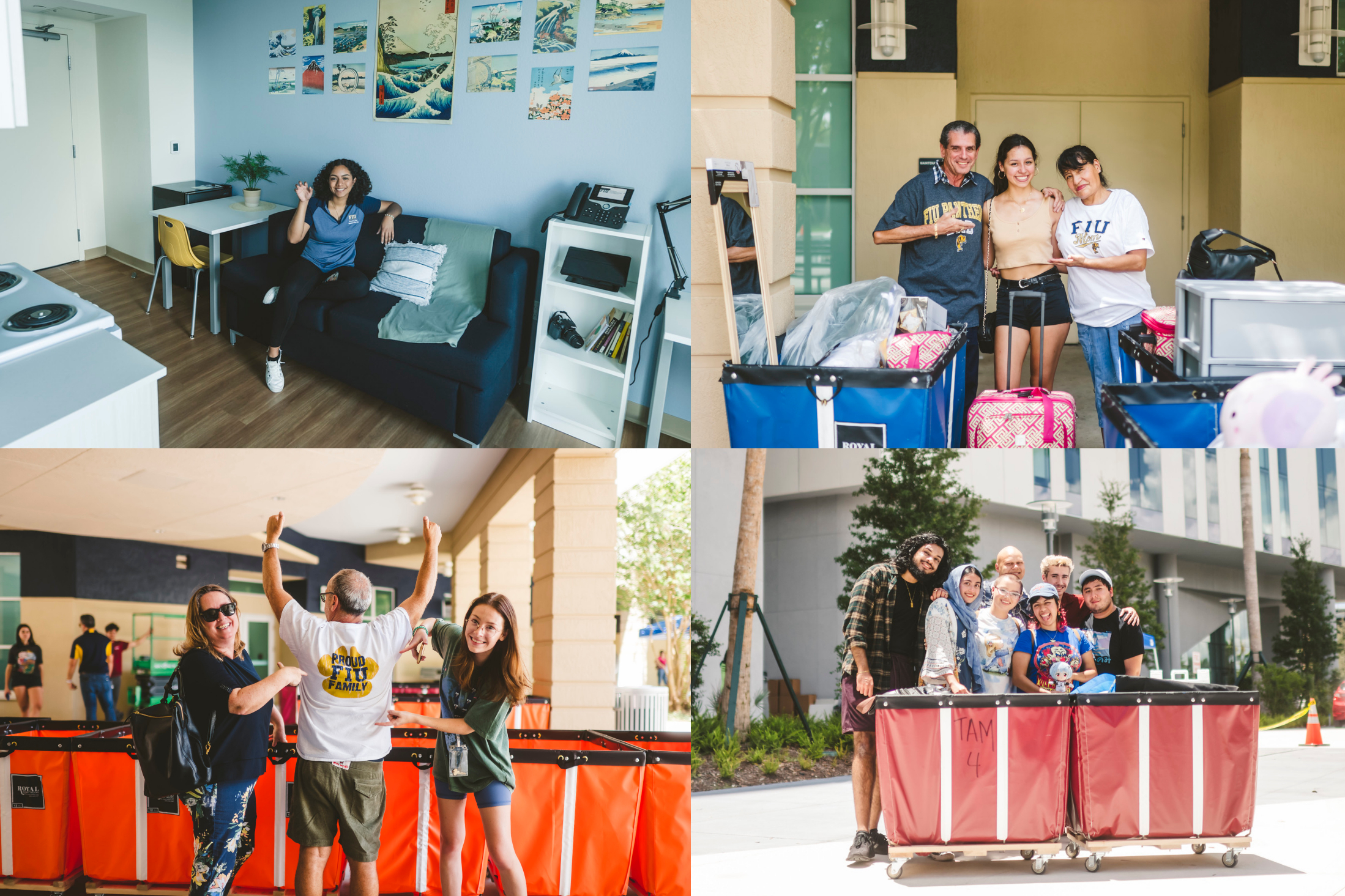 Students and families pose outside of residence halls during move-in