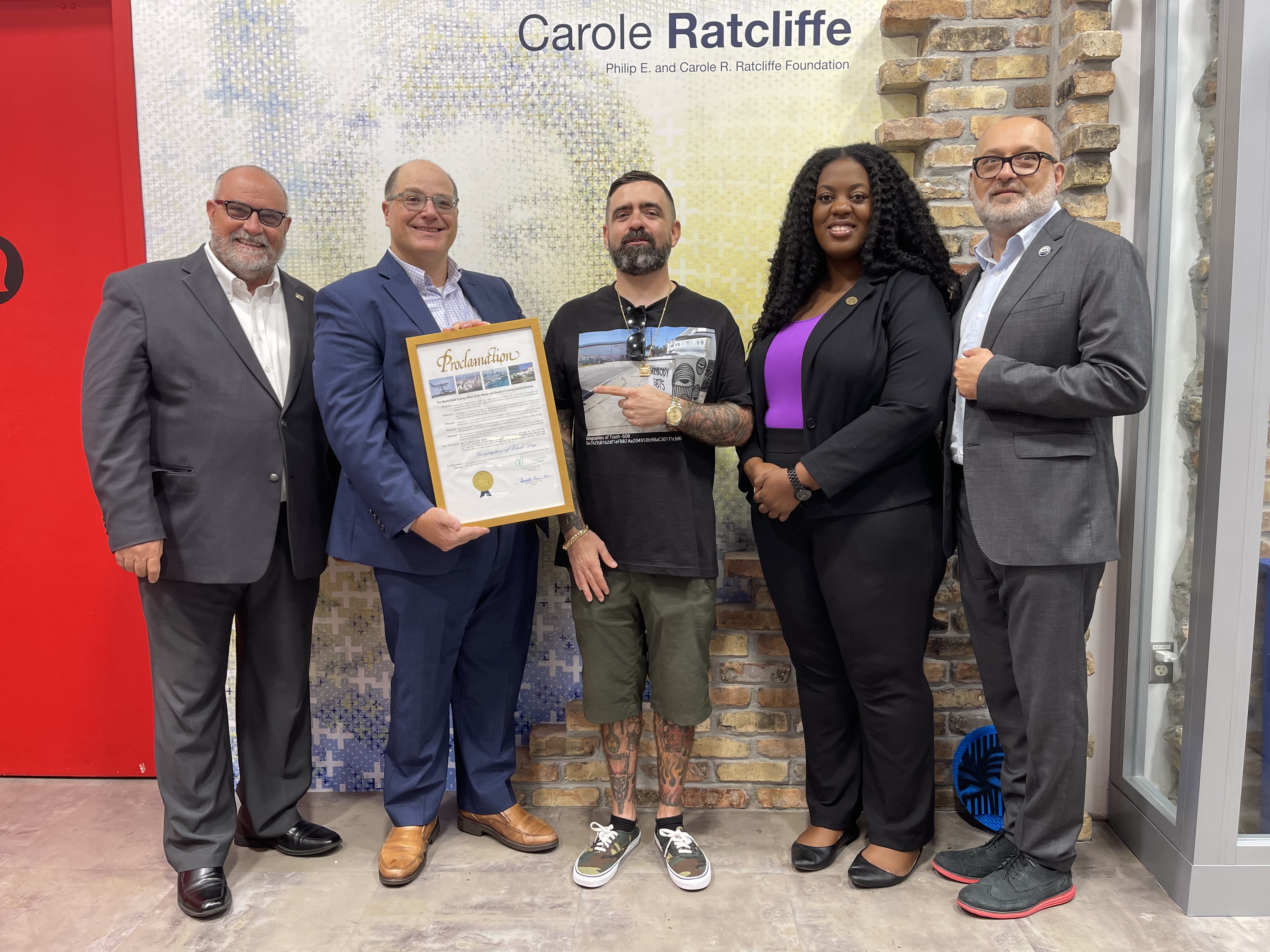 David Anasagasti (center) with (left to right) Brian Schriner (CARTA Dean), Graham Winick (Chief Administrator for Cultural Affairs for Miami-Dade County), Daniela Jean (City of North Miami Beach Commissioner), and Dr. Jacek Kolasinki (RA+DI Program Director)