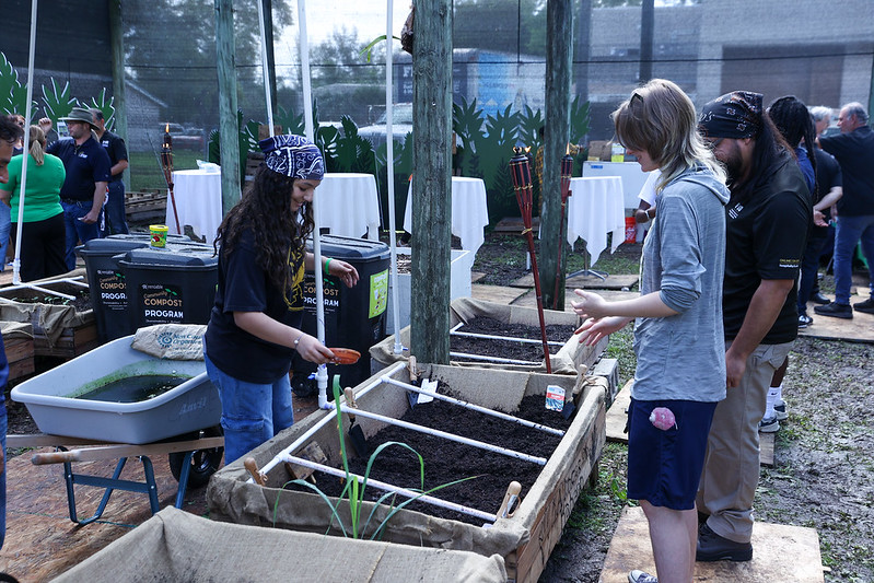 Six raised compost stalls dedicated to growing fruits and vegetables.