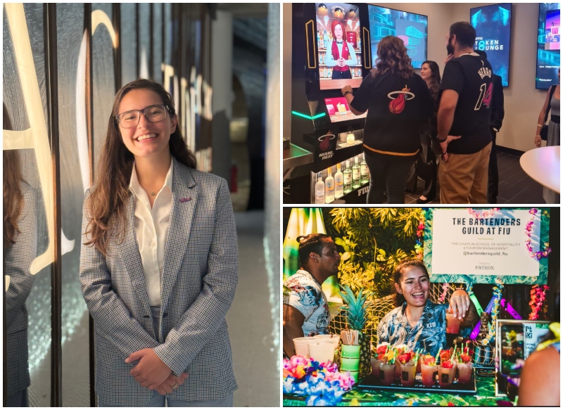 Collage of Alexandra Poit at her job at the Kaseya Center and at an FIU Bartender's Guild event