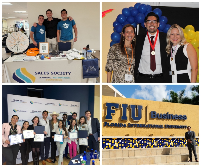 Photo Collage of Christopher Tapanes' FIU Sales Society events and teams; in front of FIU Business; and earning the Rookie of the Year Award for his region at Eli Lilly