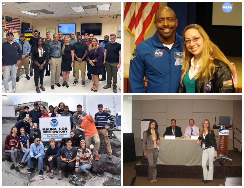 From top left, clockwise: Denisse Aranda returned to FIU to visit with students and her mentor Leonel Lagos in 2022; Aranda interned at NASA while at FIU; as a student, Aranda attended the DOE Waste Management Conference in 2010; and for years Aranda has been volunteering her time to teach students at a STEM related summer camp in Hawaii.