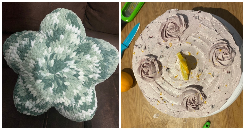 Photos of Kiahna Roberts' creative activities: Crocheted pillow and baked cake