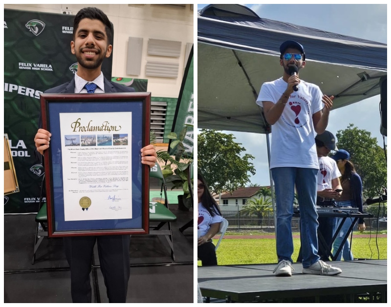 Maanas Daswani with a framed proclamation recognizing an event he organized; Daswani on stage speaking during the event.