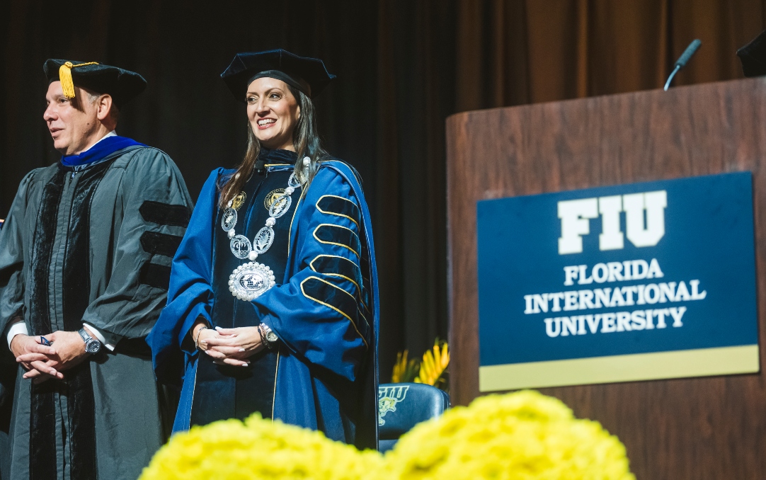 President Jeanette M. Nuñez and FIU Board of Trustees Chair Carlos A. Duart on stage during the ceremony.