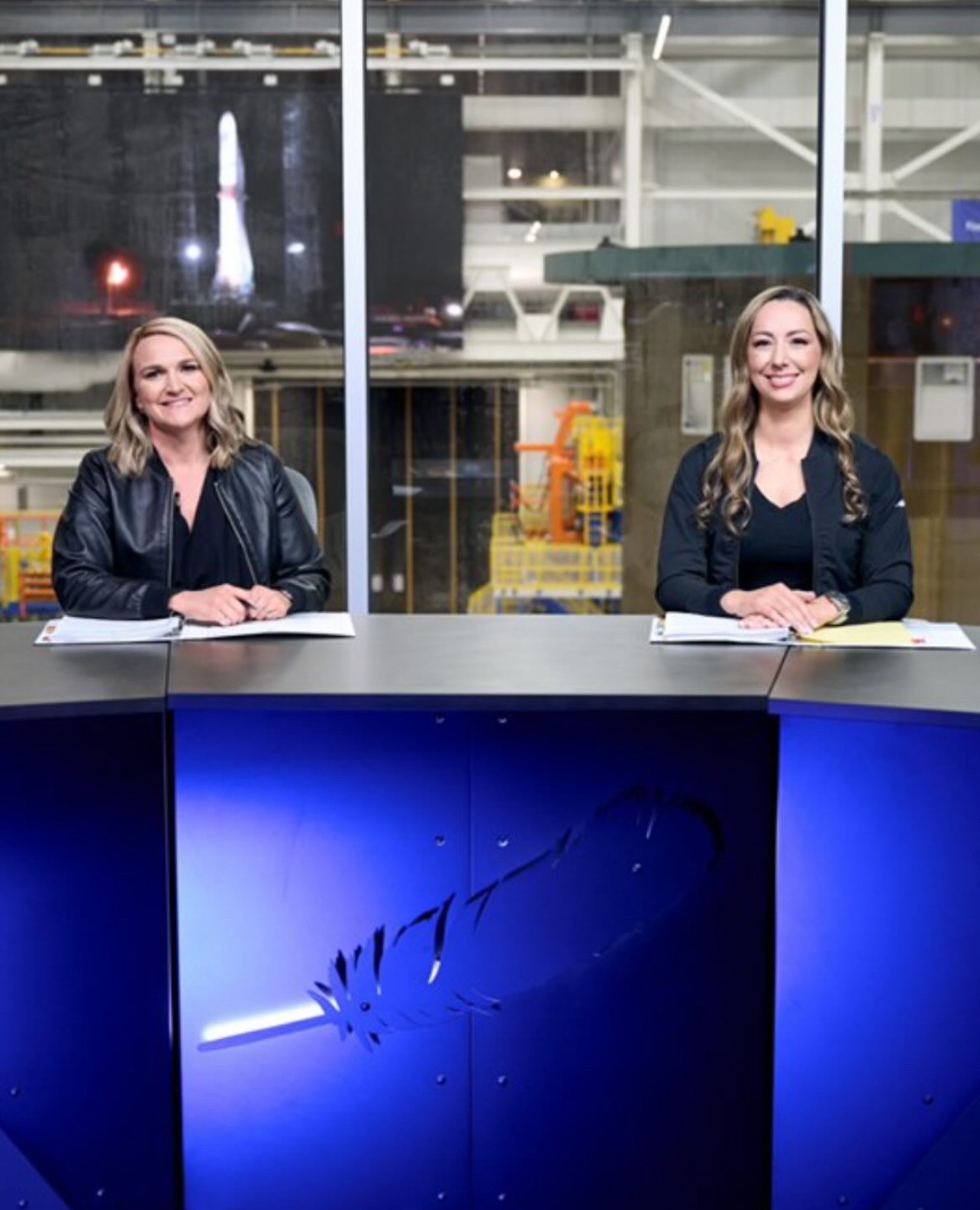 Denisse Aranda and her colleague at Blue Origin webcasting the first launch of the New Glenn rocket last year. 