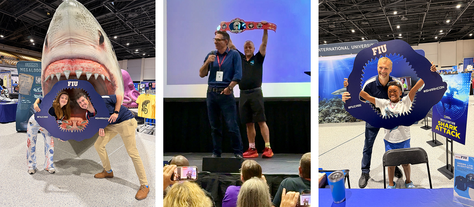 Collage of photos from SharkCon including FIU students posing in front of inflatable shark, Shark Hero presentation and Mike Heithaus with a fan