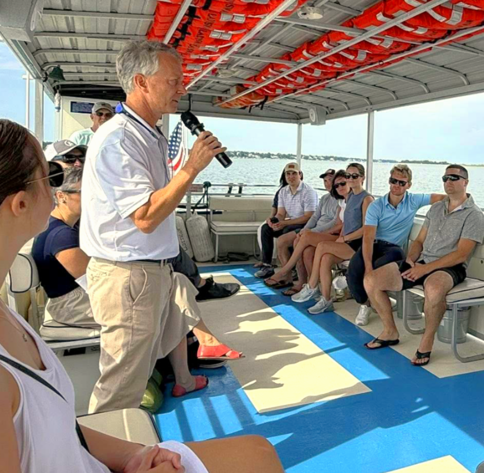 Braxton Davis leading a boat tour on Bogue Sound in North Carolina.