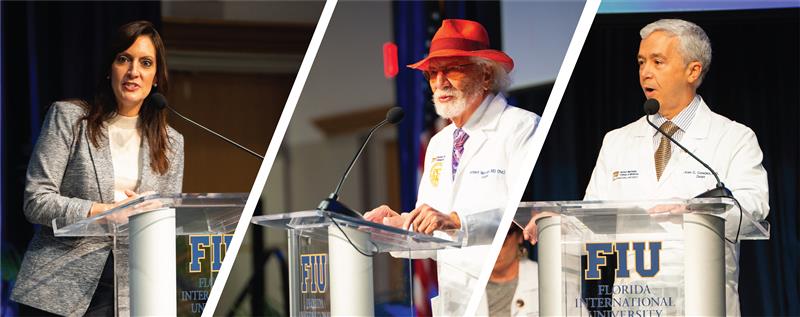 FIU President Jeanette M. Nuñez, Dr. Herbert Wertheim, the college’s namesake, and Dr. Juan C. Cendan, dean of the college, addressing the incoming MD Class of 2029.