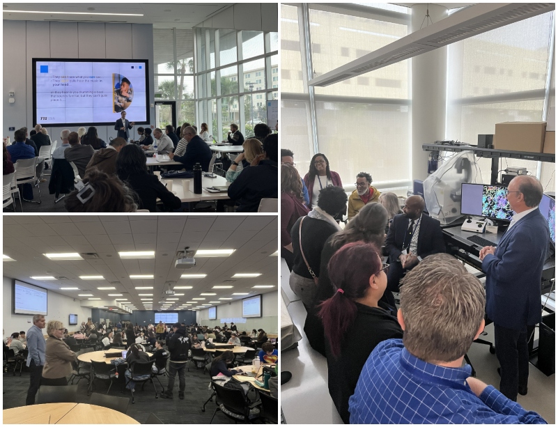 Photo collage of NCSS summit attendees during a keynote presentation with FIU leadership expert Nathan Hiller; touring an active learning classroom on campus; and touring Dean Tomás Guilarte's lab