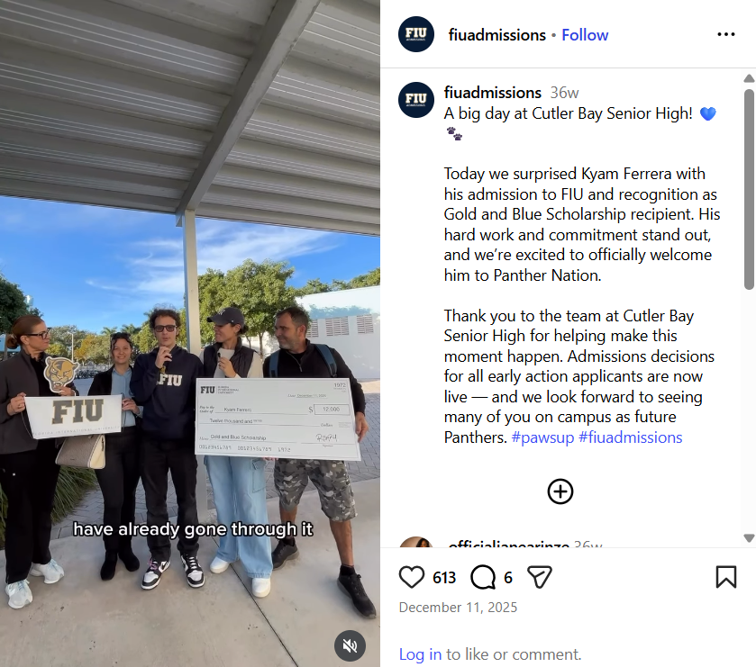 Screenshot of Instagram post showing the surprise event in which Kyam Ferrera received his scholarship check